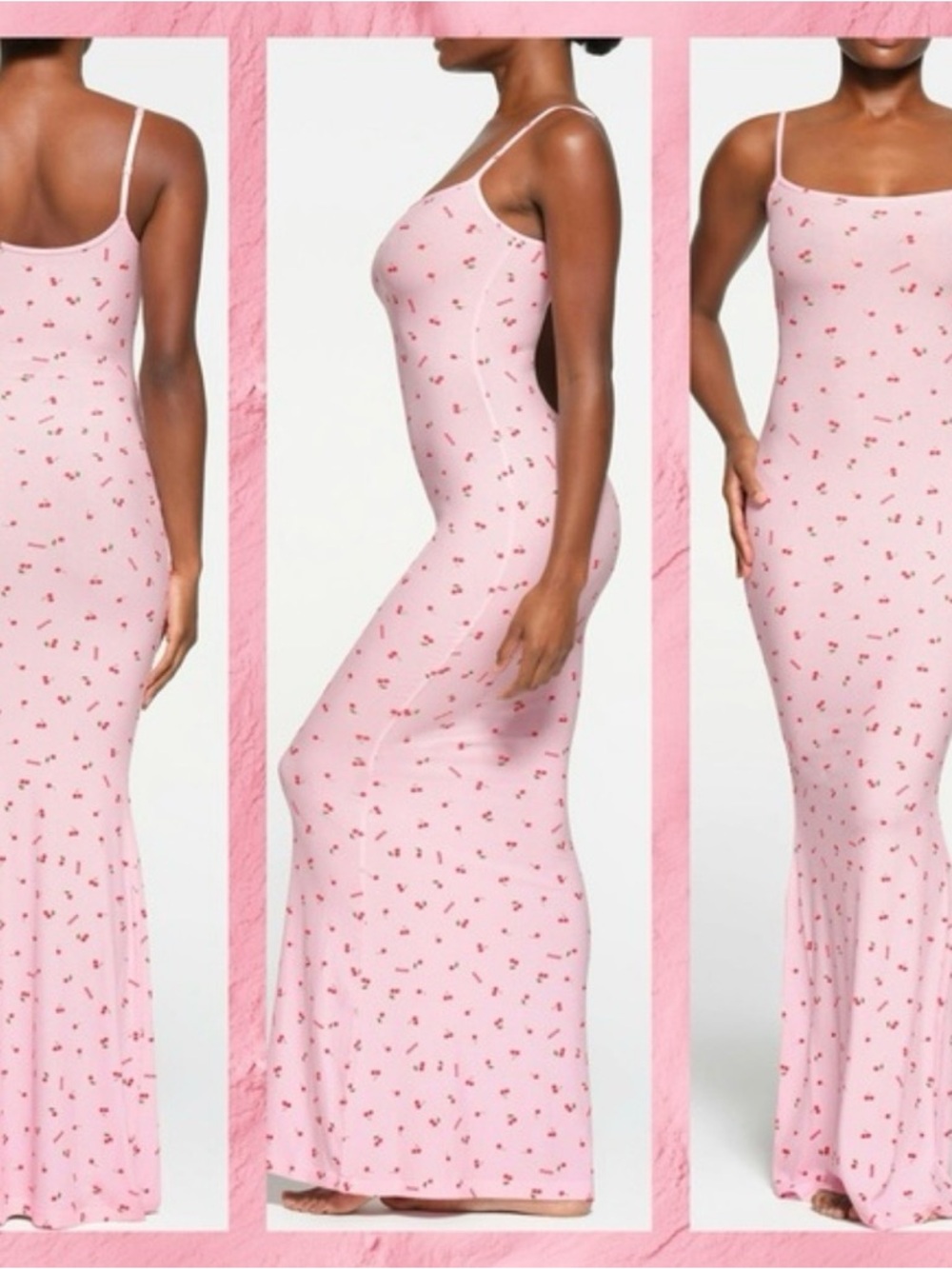 SKIMS Pink Cherry-Print Spaghetti-Strap Maxi Dress